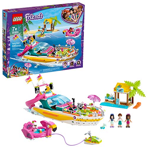 LEGO® Friends Party Boat 41433 Including LEGO Friends Emma, Andrea and Ethan Mini-Doll Figures, Beach Store and Flamingo Party Boat, Great Summer Toy for Kids (640 Pieces)