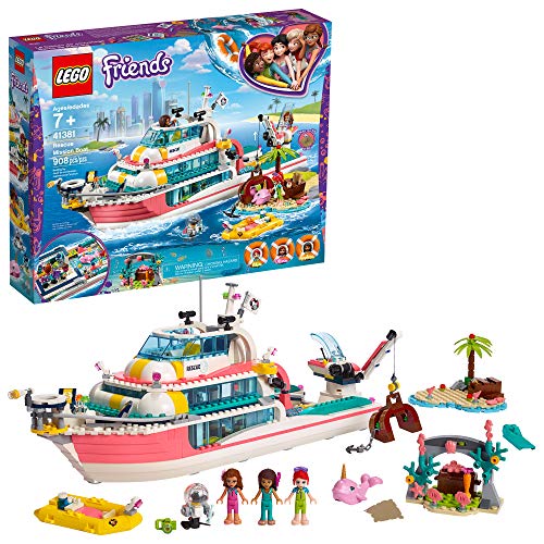 LEGO® Friends Rescue Mission Boat 41381 Toy Boat Building Kit with Mini Dolls and Toy Sea Creatures, Rescue Playset Includes Narwhal Figure, Treasure Box and More for Creative Play (908 Pieces)